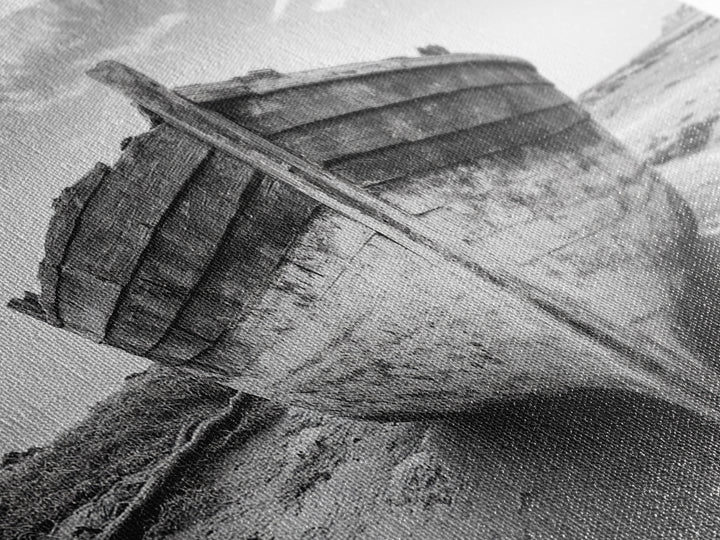 Beached Boat, Nautical Wall Art, Rustic Decor, Coastal Landscape Art, Extra Wide Art, Panoramic Painting, Canvas Print