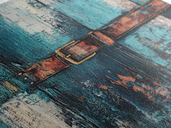 Rustic blue door, worn leather belt, southwest wall art, farmhouse art, textured painting, wabi sabi art, framed canvas print, rustic decor