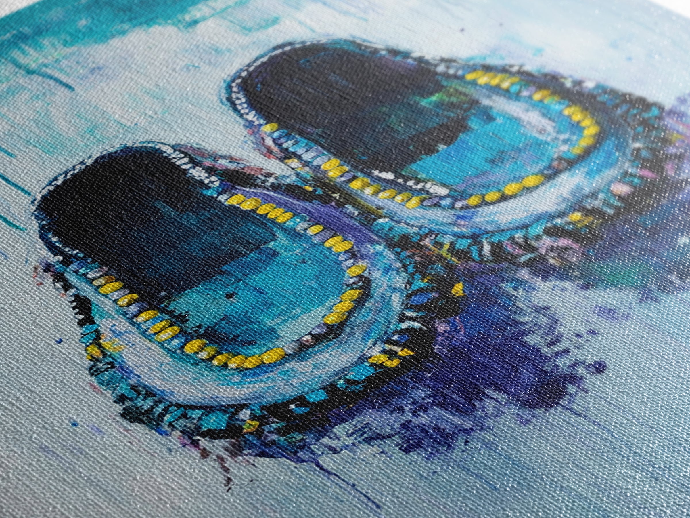 Blue Moccasins, boho art, whimsical art, teal wall art, folk art, rustic art, gift idea for her, original painting, canvas print