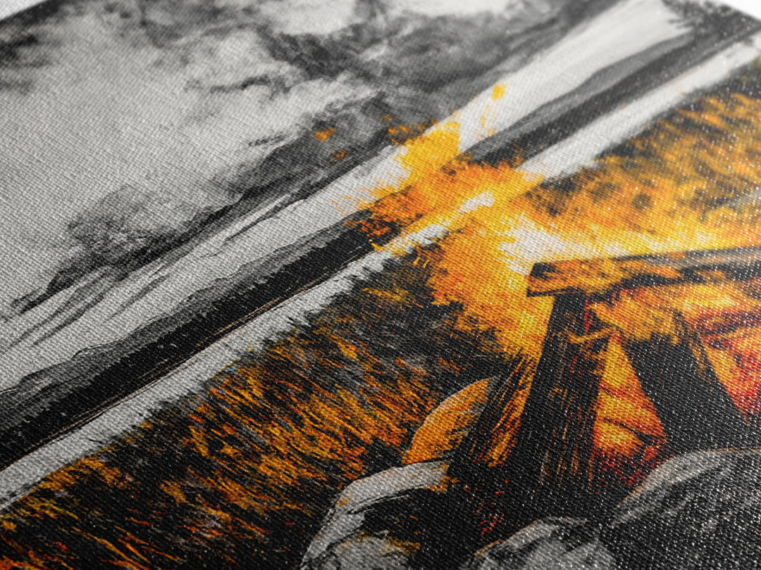 Campfire Painting, Moody Art, Rustic Wall Decor, Fire Pit Artwork, Black White Orange Art, Framed Canvas Print, Cabin Wall Art