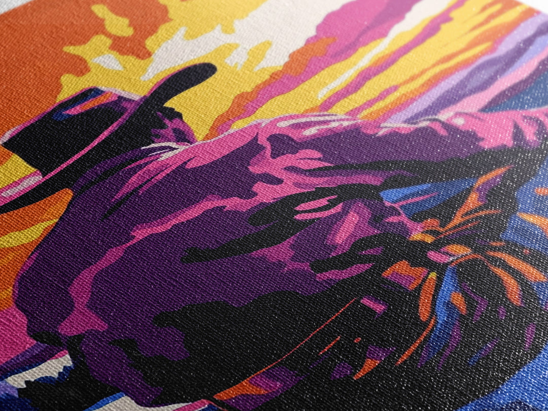 Cowboy at Sunset, western decor, southwest wall art, pink orange wall art, gift idea for him, moody art, panoramic art, Canvas Print