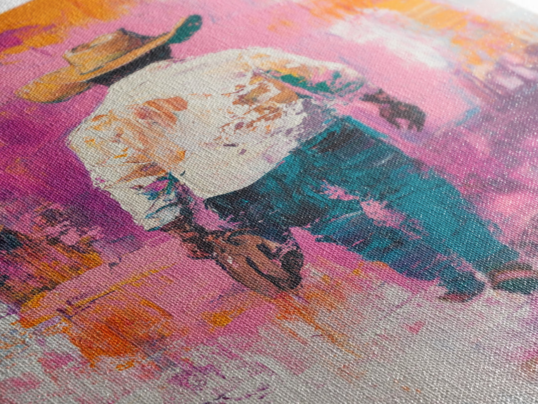 Cowboy Walking, chicano art, western aesthetic, rustic wall art, farmhouse art, moody art, bold colors, Framed Canvas Print