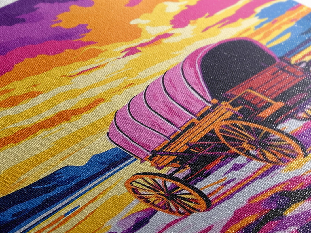 Colorful Wagon, pink orange wall art, landscape painting, southwest wall art, farmhouse art, boho art, framed canvas print, above bed art