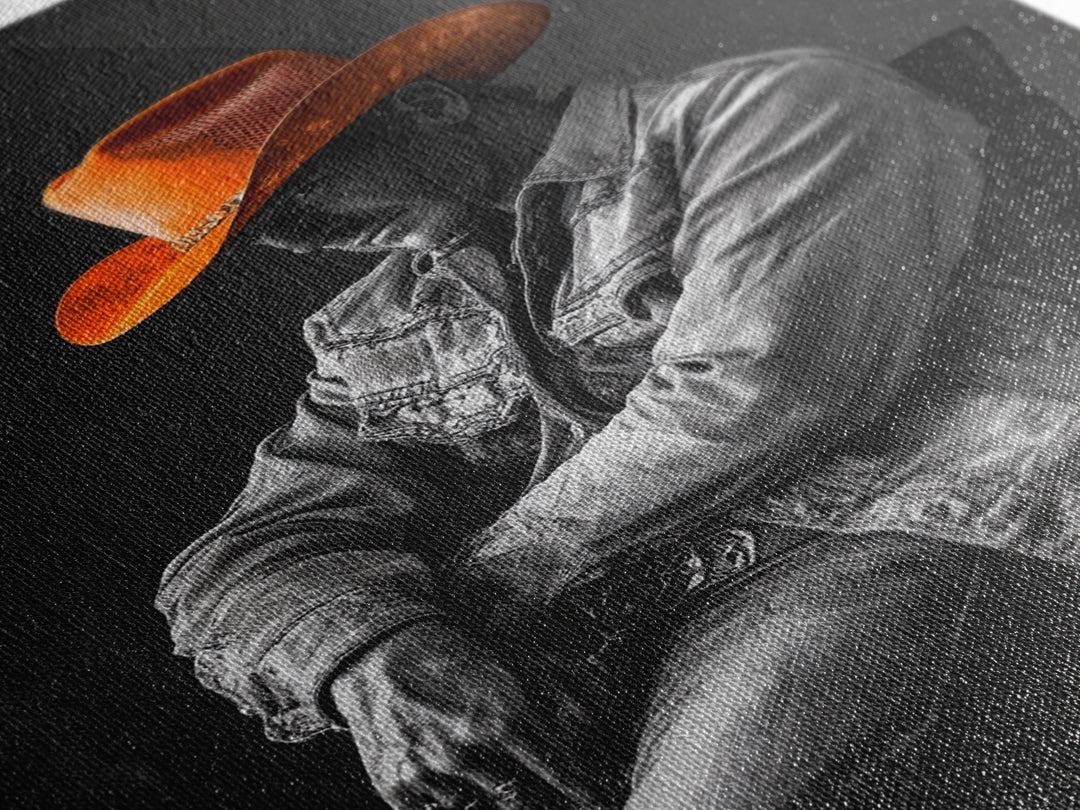 Cowboy portrait, rustic art, western style, framed canvas print, country decor, cowboy hat, moody photography, black and white wall art