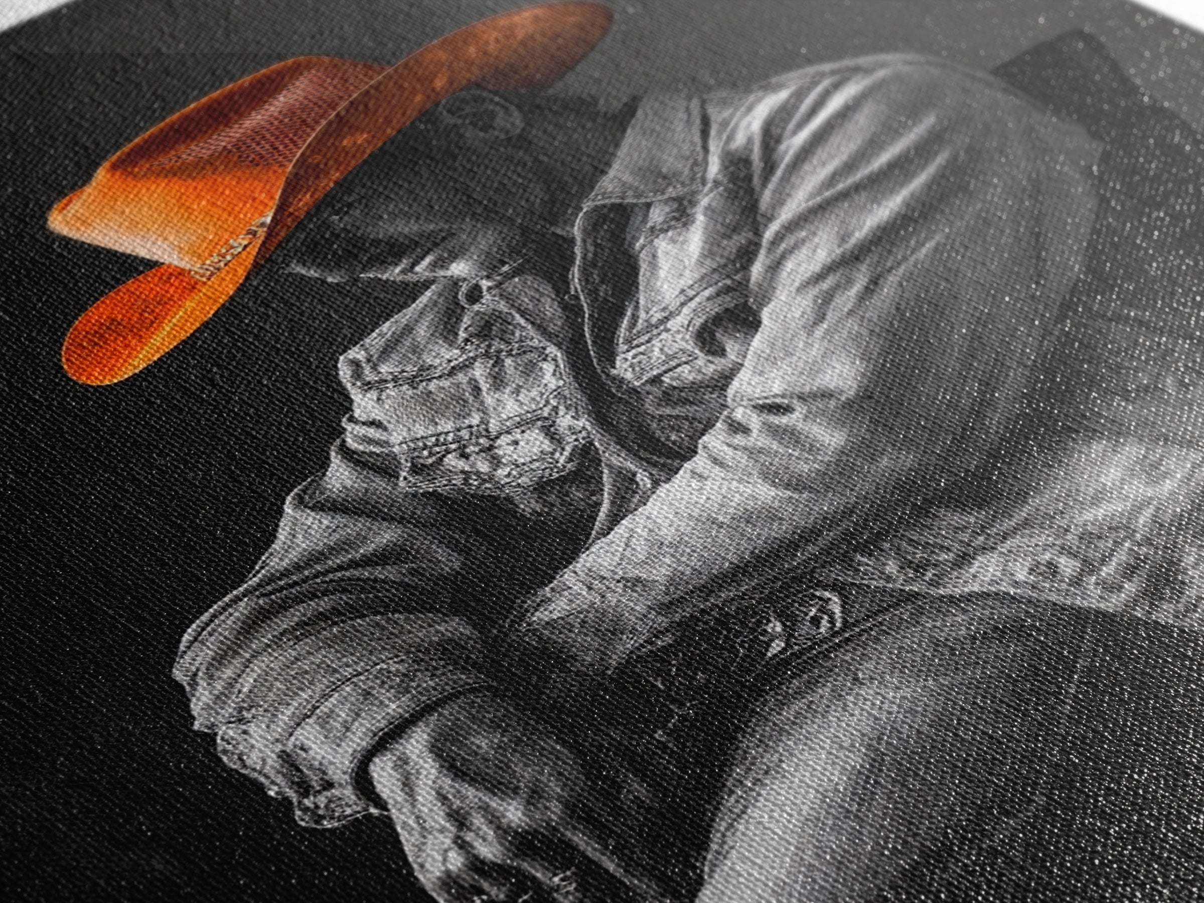 Cowboy portrait, rustic art, western style, framed canvas print, country decor, cowboy hat, moody photography, black and white wall art