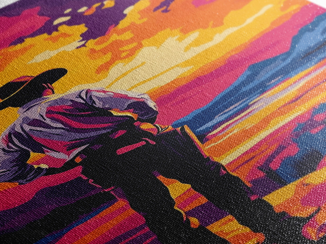 Cowboy at Sunset, pink orange wall art, Joshua tree art, southwest wall art, framed canvas print, landscape painting, moody art