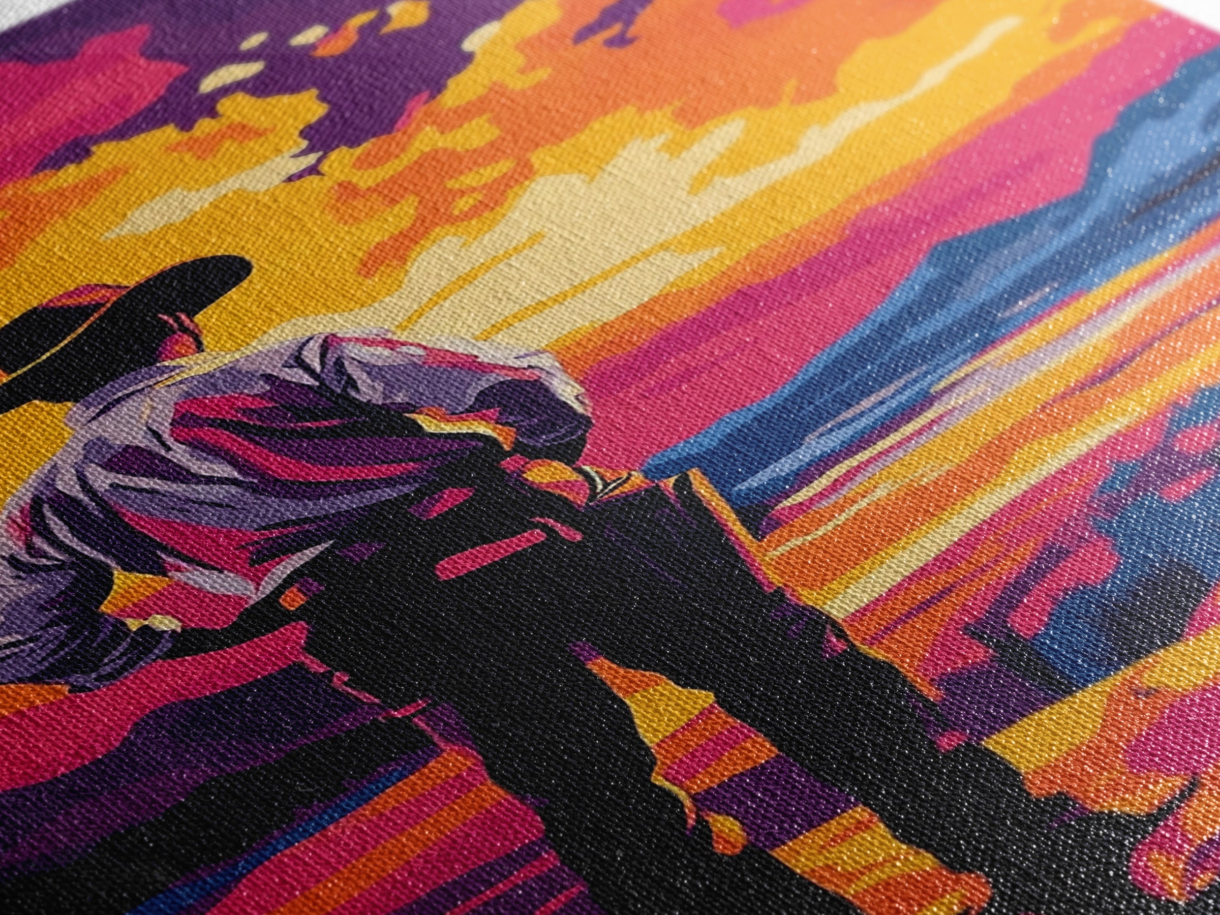 Cowboy at Sunset, pink orange wall art, Joshua tree art, southwest wall art, framed canvas print, landscape painting, moody art