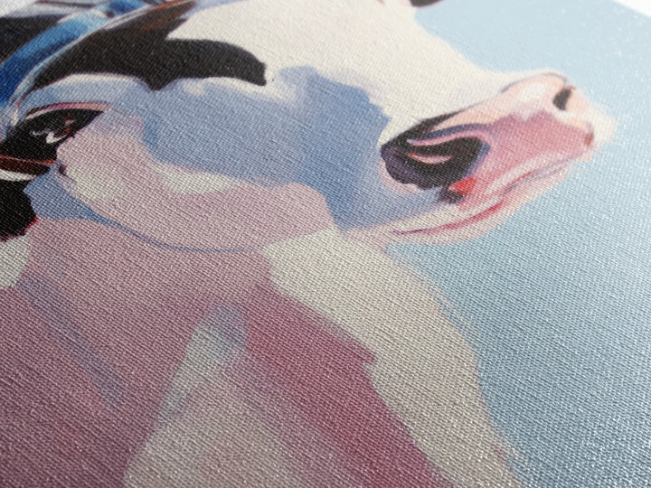 Cow with Hat, farmhouse art, black cowgirl painting, rustic decor, framed canvas print, whimsical art, light pink wall art