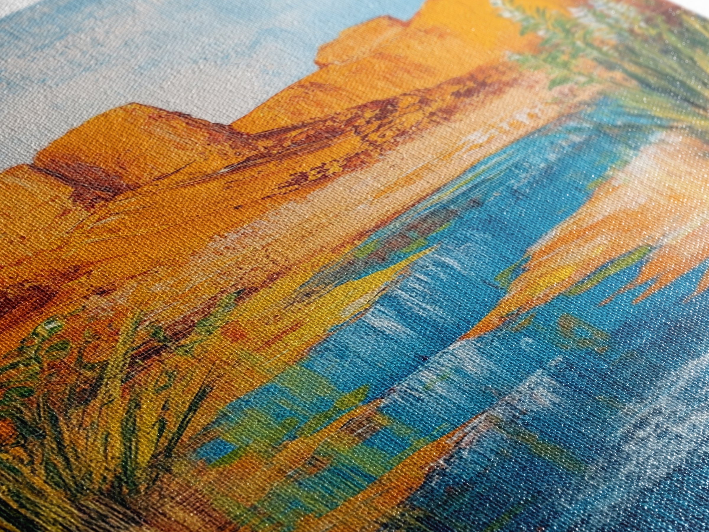 Desert Oasis, vivid landscape, blue water, rustic nature art, warm tones, panoramic painting, framed canvas print, southwest wall art