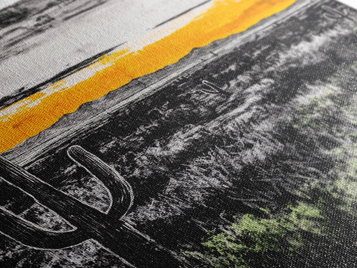 Cactus Sunset, black and white, moody desert art, yellow skyline, Joshua tree art, framed canvas print, extra wide art, rustic decor