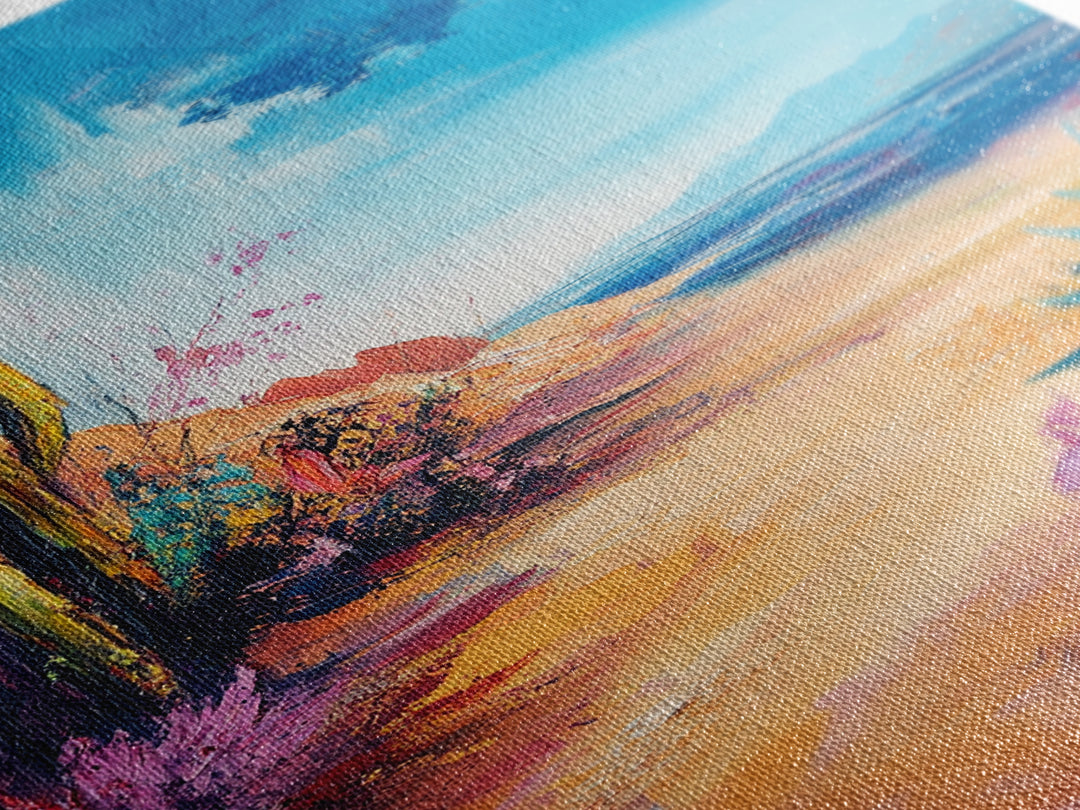 Beach Cactus, coastal landscape, vibrant colors, blue sky, desert meets sea, framed canvas print, coastal cowgirl wall art, boho art