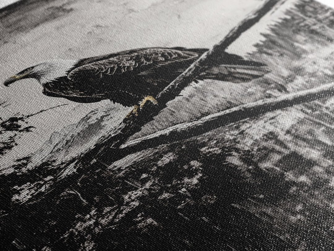 Bald Eagle, majestic bird, black and white, rustic decor, wildlife painting, nature art, framed canvas print, farmhouse wall art