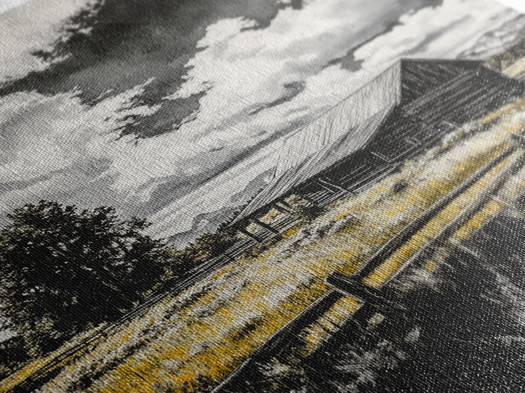 Rustic Barn, Farmhouse Art, Canvas Print, rustic wall art, barn landscape oil painting, smoky mountain art, wabi sabi wall art, vintage Christmas