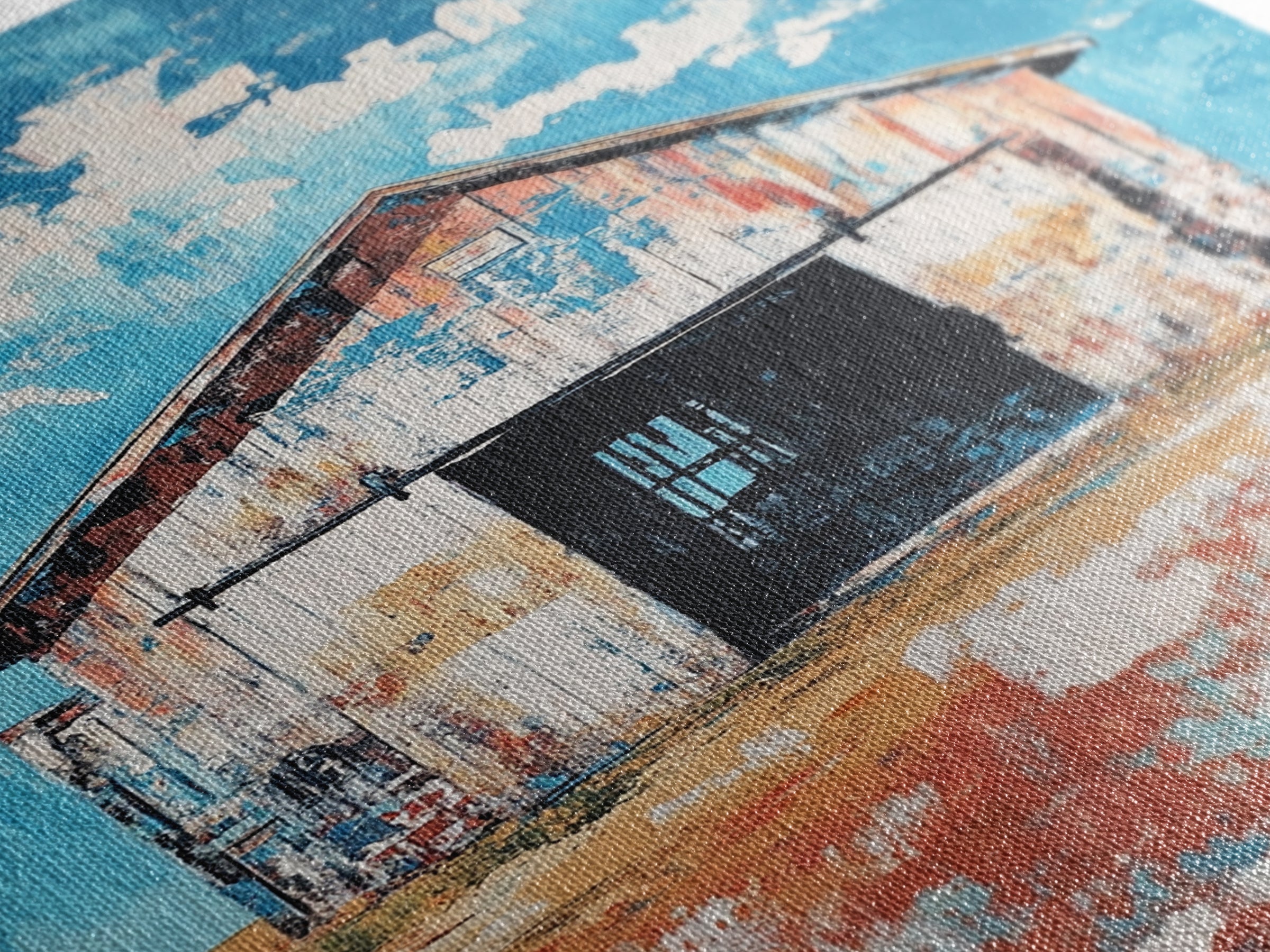 Rustic Barn, farmhouse art, landscape painting, blue and green wall art, extra wide art, panoramic art, Framed Canvas Print