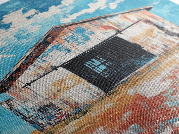 Rustic Barn, farmhouse art, landscape painting, blue and green wall art, extra wide art, panoramic art, Framed Canvas Print