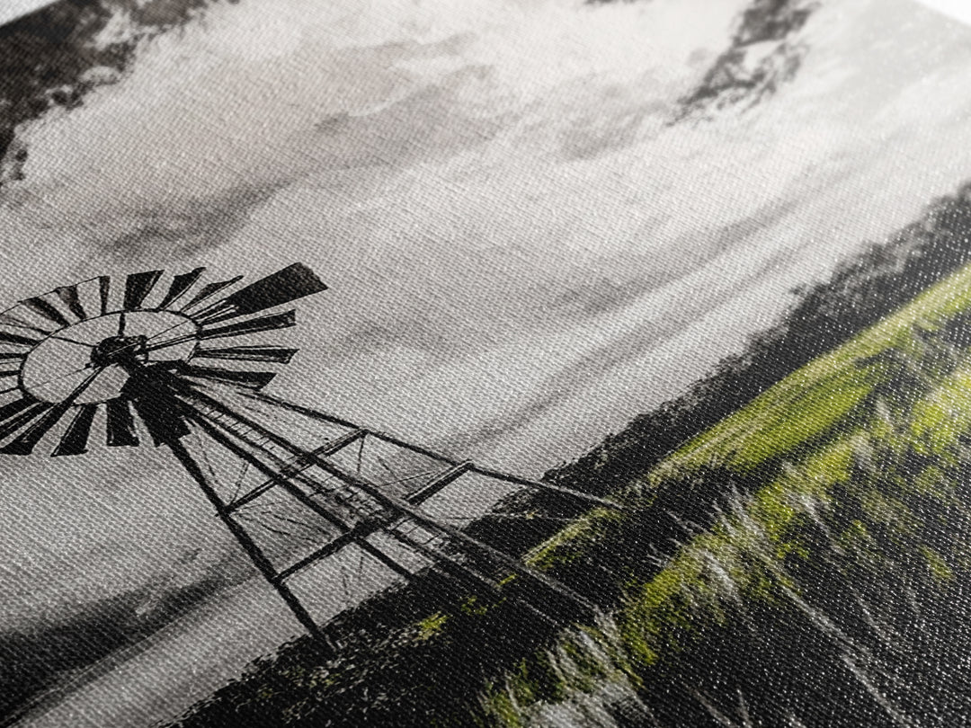 Black and White Windmill, windmill wall art, rustic decor, farmhouse art, landscape painting, framed canvas print, above bed wall art