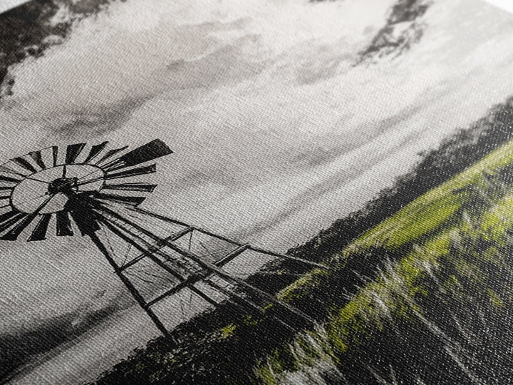 Black and White Windmill, windmill wall art, rustic decor, farmhouse art, landscape painting, framed canvas print, above bed wall art