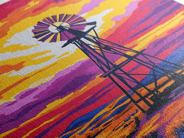 Vibrant Windmill Sunset, pink orange wall art, windmill wall art, rustic art, farmhouse art, canvas print, above couch art, gift idea for her