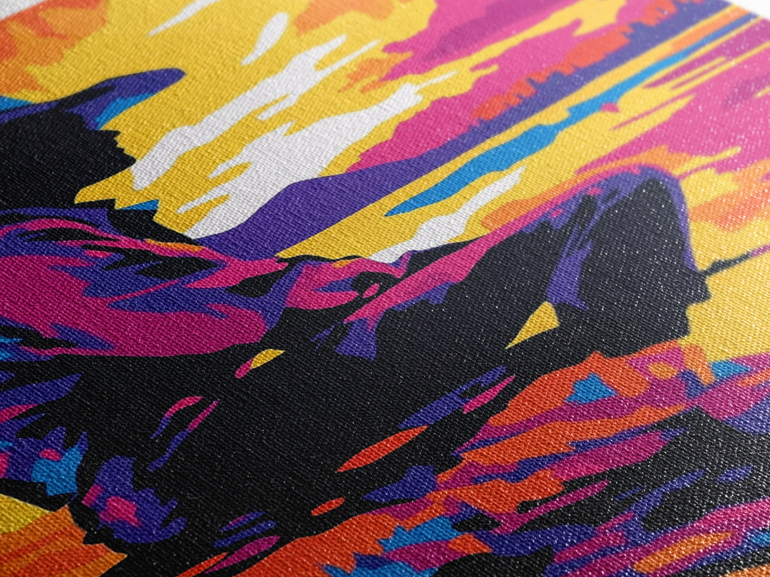 Cowboy Silhouette Sunset, southwest wall art, rustic decor, boho art, western art, pink orange wall art, canvas print, gift idea for him