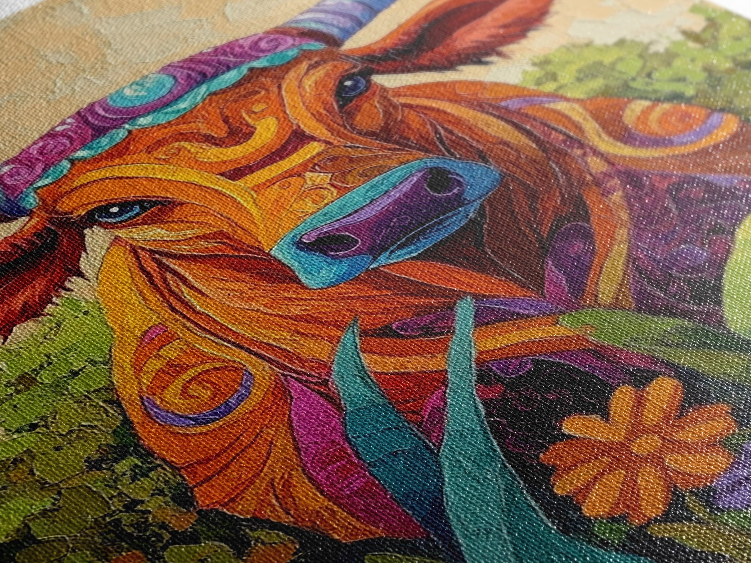 Colorful Bull Art, boho art, wabi sabi art, whimsical art, wildflower painting, framed canvas print, gift idea, rustic wall art