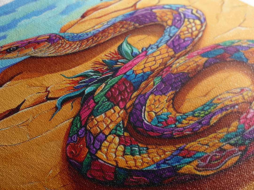 Coiled Snake, Vibrant Snake Art, Desert Landscape, Wildlife Art, Southwest Wall Art, Unique Decor, Framed Canvas Print