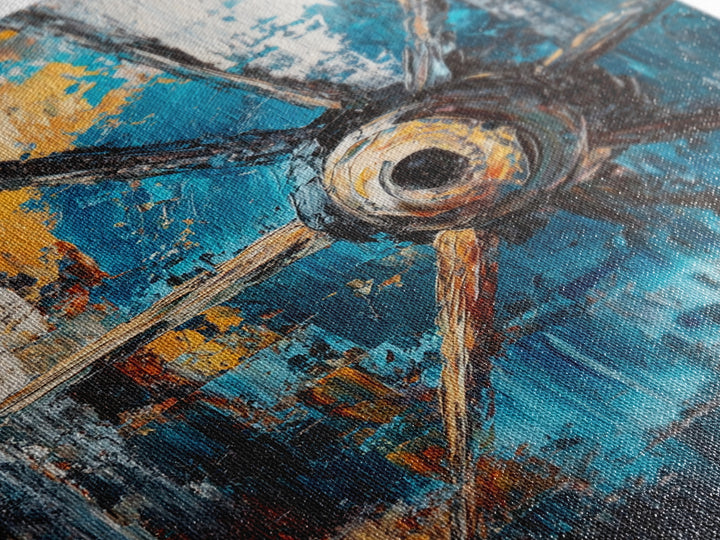 Abstract Wagon Wheel, Teal Wall Art, Rustic Art, Framed Canvas Print, Moody Aesthetic, Boho Decor, Farmhouse Art, Gift Idea