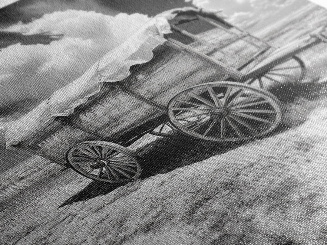 Covered wagon photography, rustic decor, framed canvas print, southwest wall art, farmhouse art, western aesthetic, black and white photography