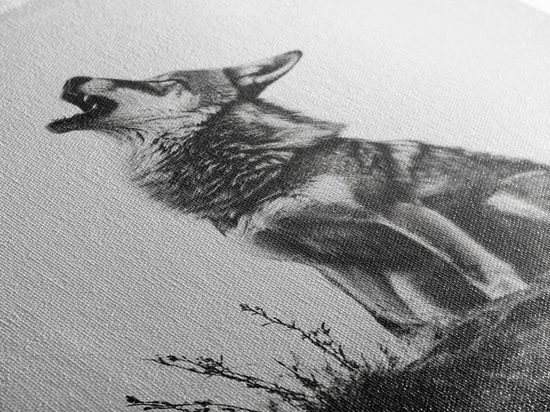 Howling Wolf, wildlife art, moody art, rustic decor, nature photography, black and white animal print, framed canvas print, minimalist art