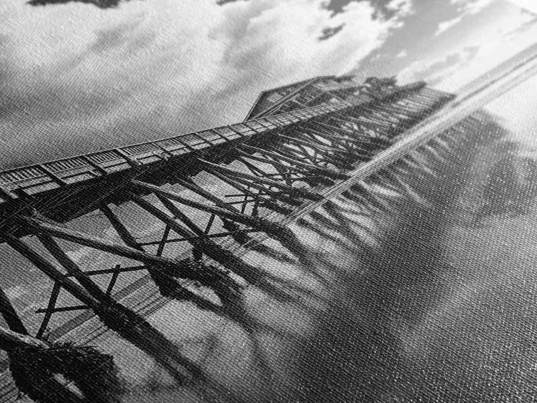 Pier reflection, seascape painting, nautical decor, rustic wall art, black and white photography, extra wide art, framed canvas print