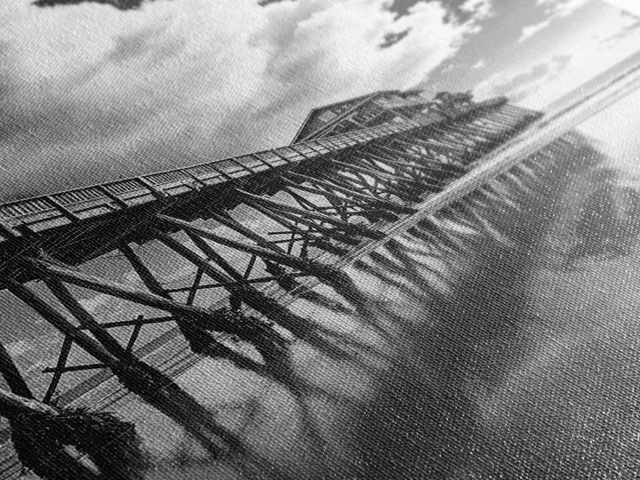 Pier reflection, seascape painting, nautical decor, rustic wall art, black and white photography, extra wide art, framed canvas print