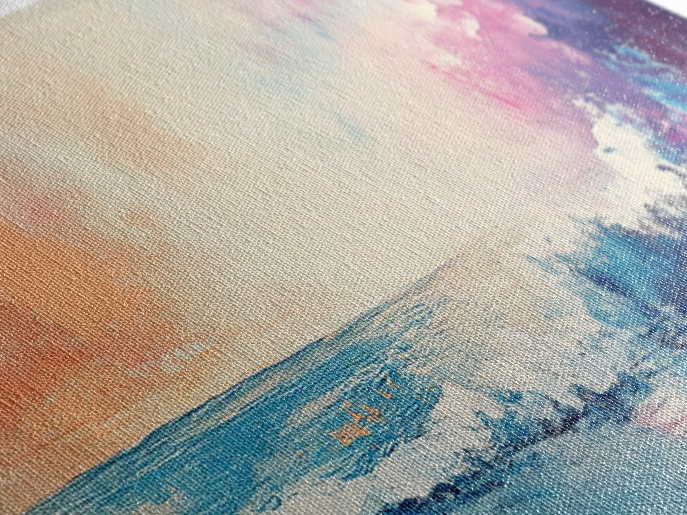 Ocean Sunset Waves, coastal painting, seascape painting, nautical wall art, pink orange wall art, extra wide art, Canvas Print