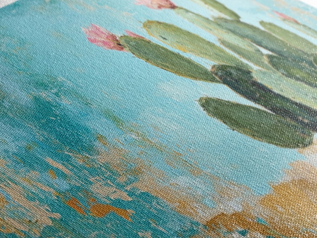 Blooming Cactus, agave painting, botanical prints, desert landscape art, teal wall art, wabi sabi art, rustic decor, Framed Canvas Print