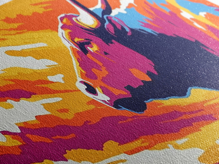 Sunset Bull, bull art, southwest wall art, pink orange wall art, extra wide art, rustic decor, Canvas Print