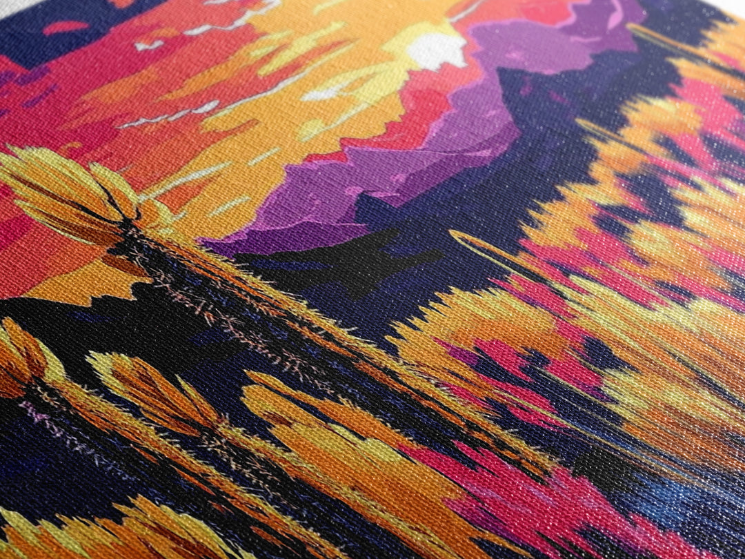 Desert Bloom, Joshua tree art, southwest wall art, mountain painting, nature painting, boho art, pink orange wall art, canvas print