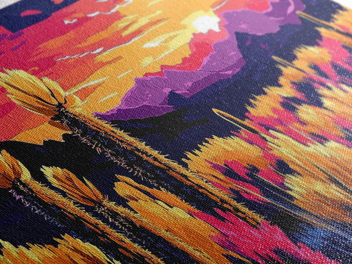 Desert Bloom, Joshua tree art, southwest wall art, mountain painting, nature painting, boho art, pink orange wall art, canvas print