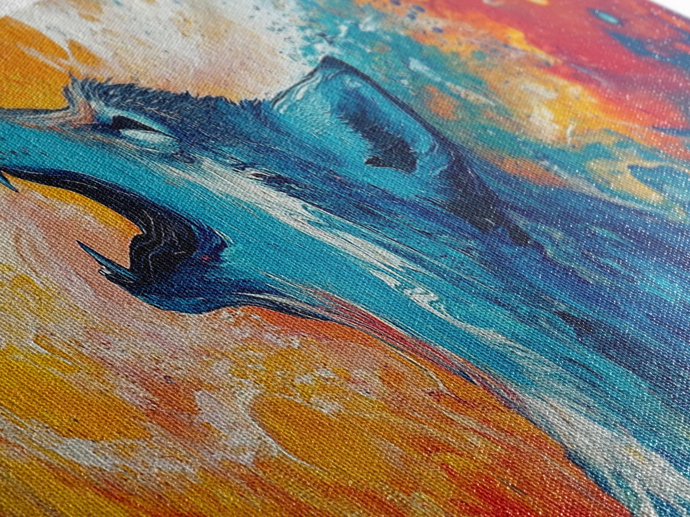 Abstract Wolf Art, moody art, blue and green wall art, extra wide art, framed canvas print, panoramic painting, rustic decor, southwest wall art