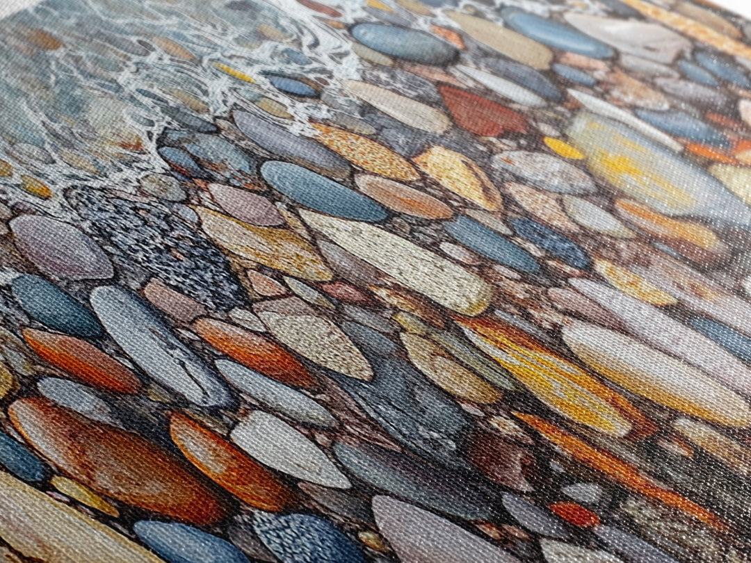 Coastal decor, ocean pebble art, beach rock painting, nautical wall art, seascape painting, long narrow wall art, canvas print