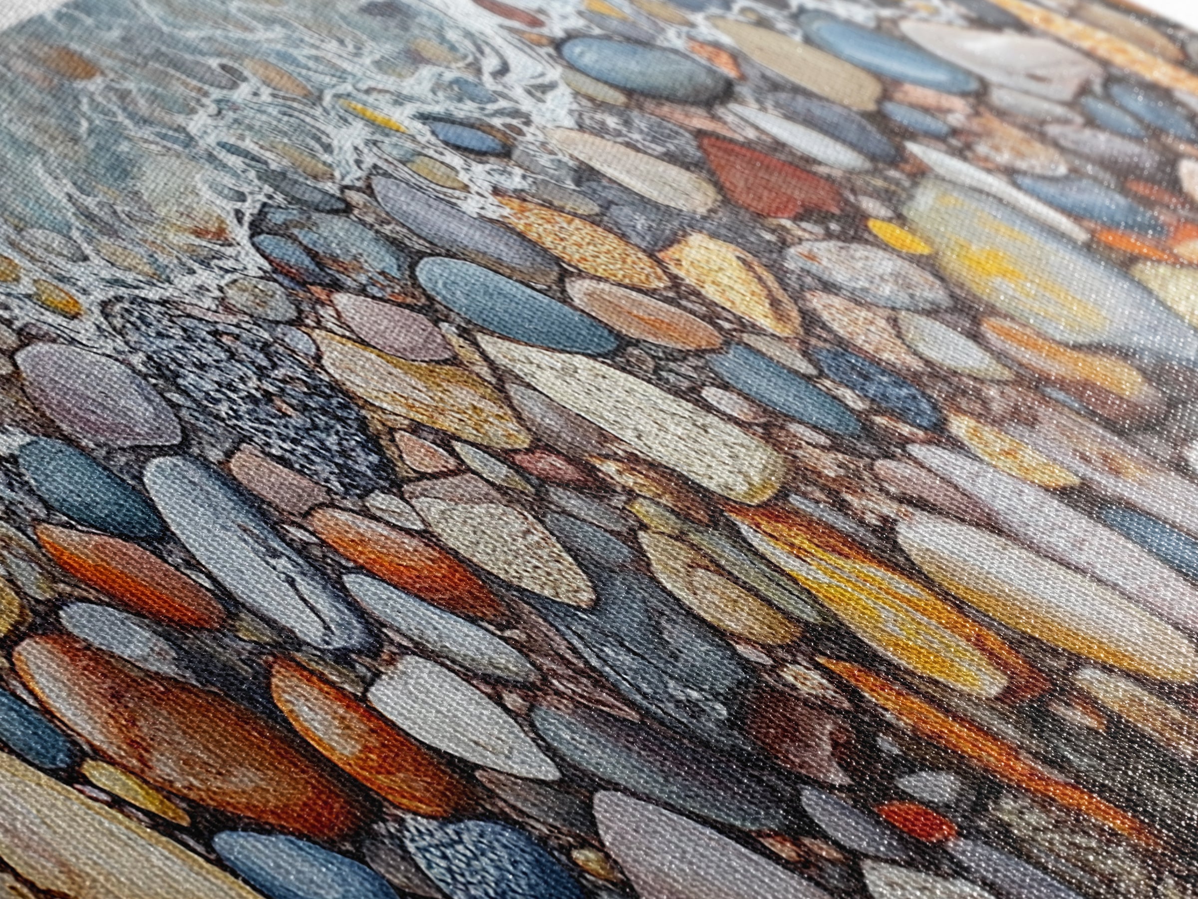 Coastal decor, ocean pebble art, beach rock painting, nautical wall art, seascape painting, long narrow wall art, canvas print