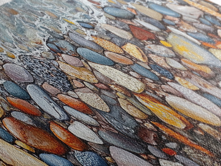 Coastal decor, ocean pebble art, beach rock painting, nautical wall art, seascape painting, long narrow wall art, canvas print