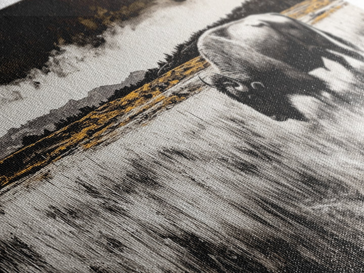 Bison painting, rustic art, black and white wall art, moody art, western decor, panoramic painting, extra wide art, framed canvas print