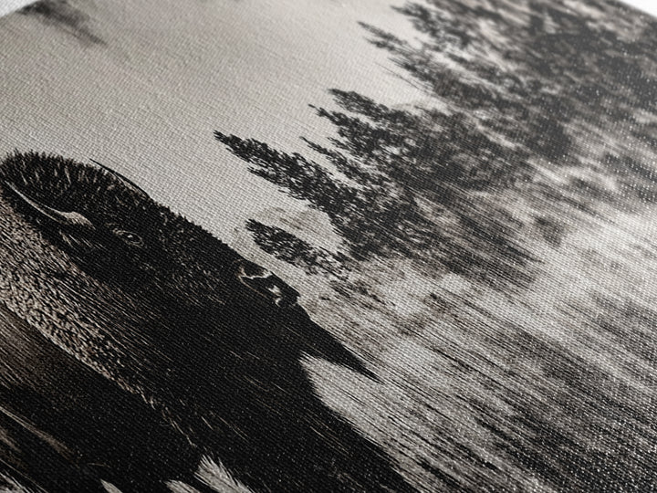 Bison landscape, black and white western painting, rustic decor, extra wide art, smoky mountain art, panoramic painting, framed canvas print