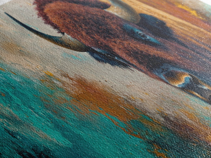 Bold bison painting, teal and orange art, rustic wall art, farmhouse decor, boho art, extra wide western painting, canvas print