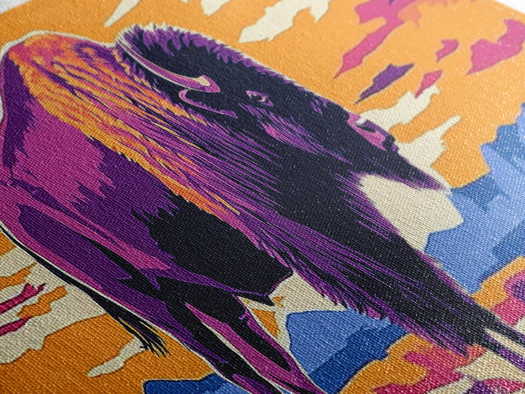 Bison, sunset, southwest wall art, buffalo, pink orange wall art, panoramic art, framed canvas print, extra wide art, rustic decor