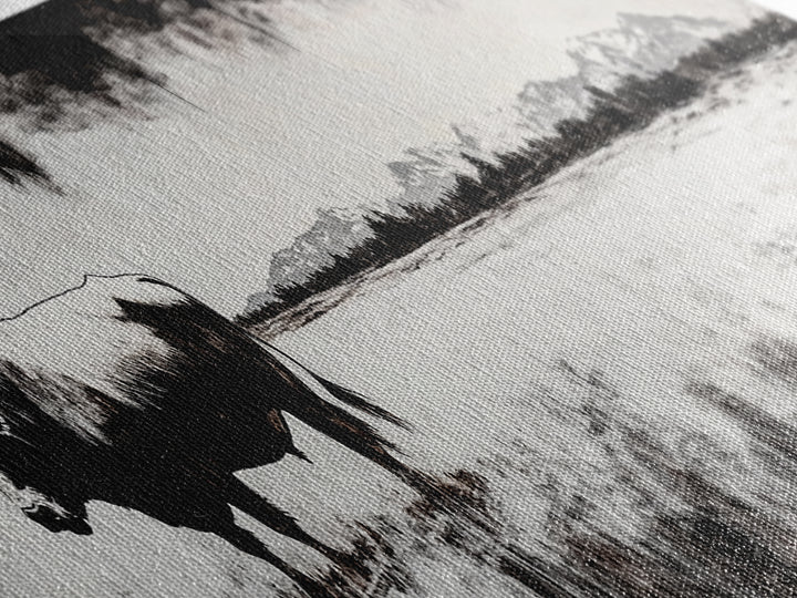 Bull and bear art, black and white painting, rustic wall art, farmhouse decor, extra wide art, framed canvas print, moody art, landscape painting