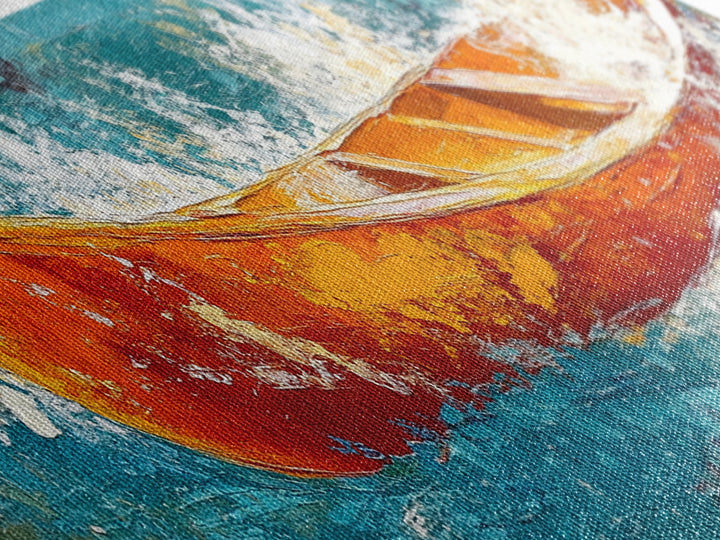 Boat in Waves, coastal wall art, nautical painting, extra wide horizontal art, ocean decor, farmhouse art, framed canvas print