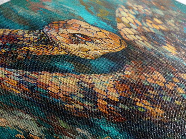 Coiled Serpent, moody art, snake painting, dark romance art, gothic decor, rustic wall art, panoramic wall art, framed canvas print