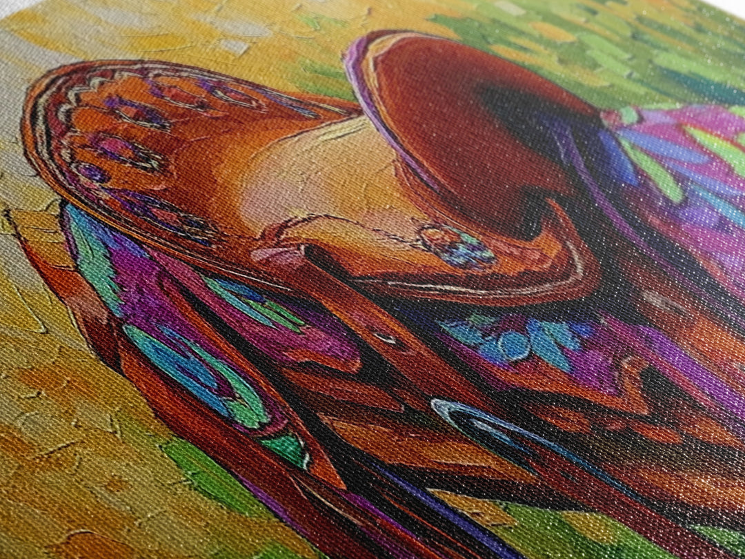 Colorful Saddle Painting, cowboy decor, vibrant rustic wall art, western style art, boho art, southwestern wall art, framed canvas print