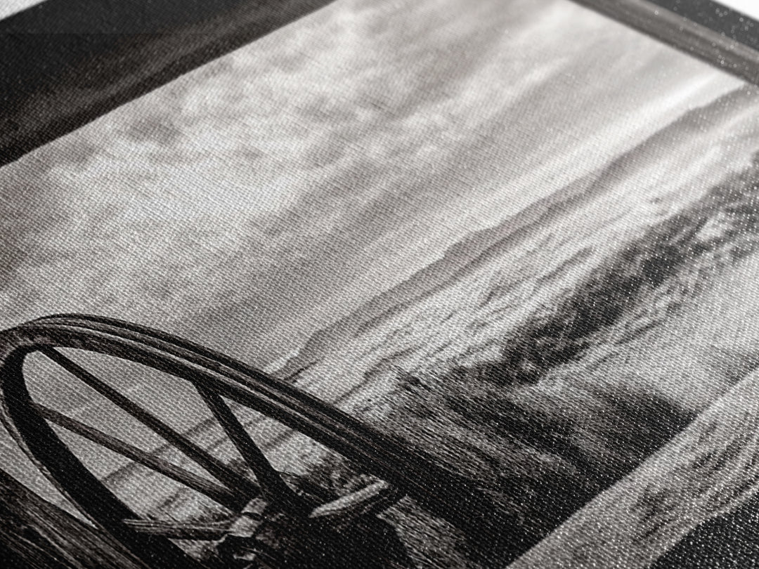 Black White Wagon, rustic decor, panoramic art, moody art, extra wide art, barn landscape oil painting, framed canvas print, living room art