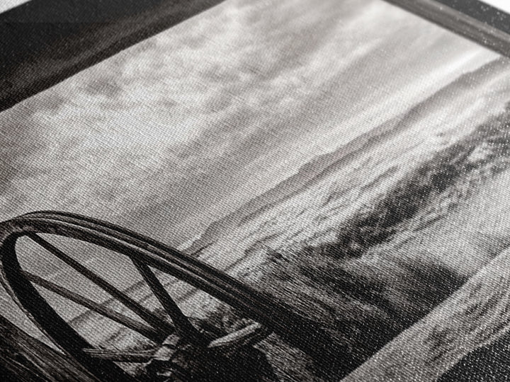 Black White Wagon, rustic decor, panoramic art, moody art, extra wide art, barn landscape oil painting, framed canvas print, living room art