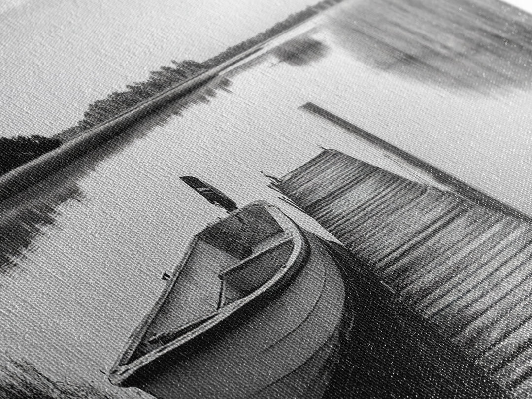 Boat On Dock, Nautical Wall Art, Framed Canvas Print, Coastal Landscape Art, Rustic Decor, Extra Wide Art, Minimalist Art, Bedroom Art